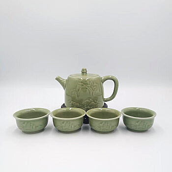 Chinese porcelain Yaozhou Kiln Tea Set - Five - piece Set of Yaozhou Celadon Tea Set with Teapot, Four Cups and Tea Tray, Landscape - themed Kung Fu Tea Set