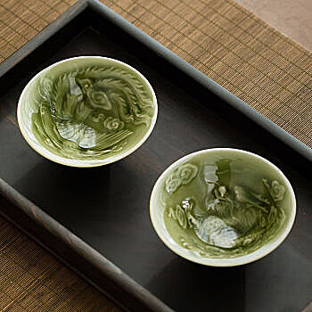 Chinese porcelain Yaozhou Kiln Porcelain Bowl, Single Teacup, Ceramic Tea Set, Celadon Mysterious Color for Home Tea - tasting, Dragon - and - Phoenix Design Conical Tea Cup