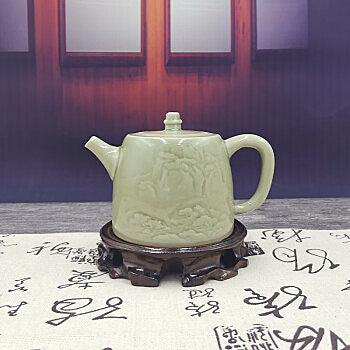 Chinese porcelain Yaozhou Kiln Tea Set - Five - piece Set of Yaozhou Celadon Tea Set with Teapot, Four Cups and Tea Tray, Landscape - themed Kung Fu Tea Set