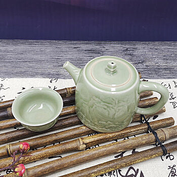 Chinese porcelain Yaozhou Kiln Tea Set - Five - piece Set of Yaozhou Celadon Tea Set with Teapot, Four Cups and Tea Tray, Landscape - themed Kung Fu Tea Set