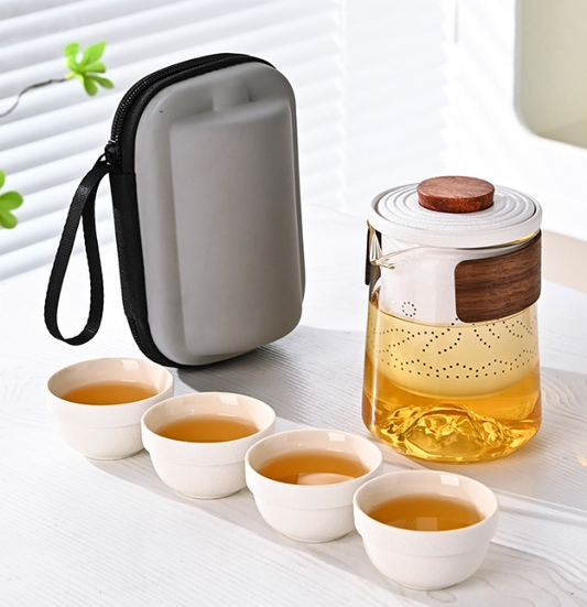 Black Pottery Travel Tea Set, Quick Cup, Outdoor Portable Glass Teapot & Cups with Storage, Gift for "Distant Mountains" Souvenir/Keepsake