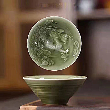 Chinese porcelain Yaozhou Kiln Porcelain Bowl, Single Teacup, Ceramic Tea Set, Celadon Mysterious Color for Home Tea - tasting, Dragon - and - Phoenix Design Conical Tea Cup