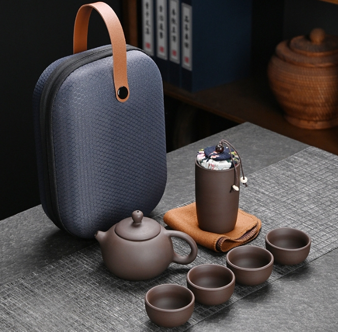 Dehua Purple Clay Travel Tea Set: 1 Teapot with 4 Cups (Quick Cup Style), Portable Outdoor & Business Gift with Tea Caddy and Travel Bag