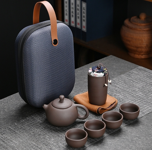 Dehua Purple Clay Travel Tea Set: 1 Teapot with 4 Cups (Quick Cup Style), Portable Outdoor & Business Gift with Tea Caddy and Travel Bag