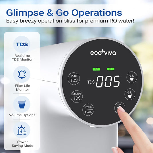 Ecoviva Countertop Reverse Osmosis System RO Water Filter, 5-Stage Filtration, Real-time TDS Monitor, 3:1 Pure to Drain, No Installation Portable Water Purifier-Black