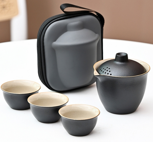 Black Pottery Travel Tea Set, Quick Cup Style: 1 Teapot with 3 Cups, Portable Gaiwan, Outdoor Compact Set, Camping Gift with Storage Bag