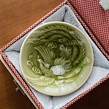 Chinese porcelain Yaozhou Kiln Porcelain Bowl, Single Teacup, Ceramic Tea Set, Celadon Mysterious Color for Home Tea - tasting, Dragon - and - Phoenix Design Conical Tea Cup