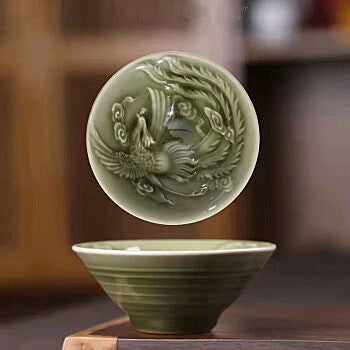 Chinese porcelain Yaozhou Kiln Porcelain Bowl, Single Teacup, Ceramic Tea Set, Celadon Mysterious Color for Home Tea - tasting, Dragon - and - Phoenix Design Conical Tea Cup